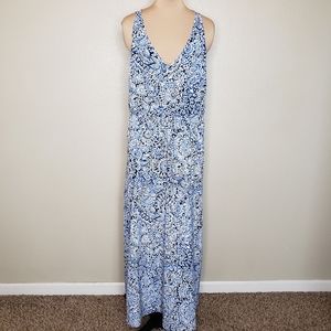 LOFT Sleeveless Cross Back Strap Paisley Print Maxi Dress White , Navy Blue XL